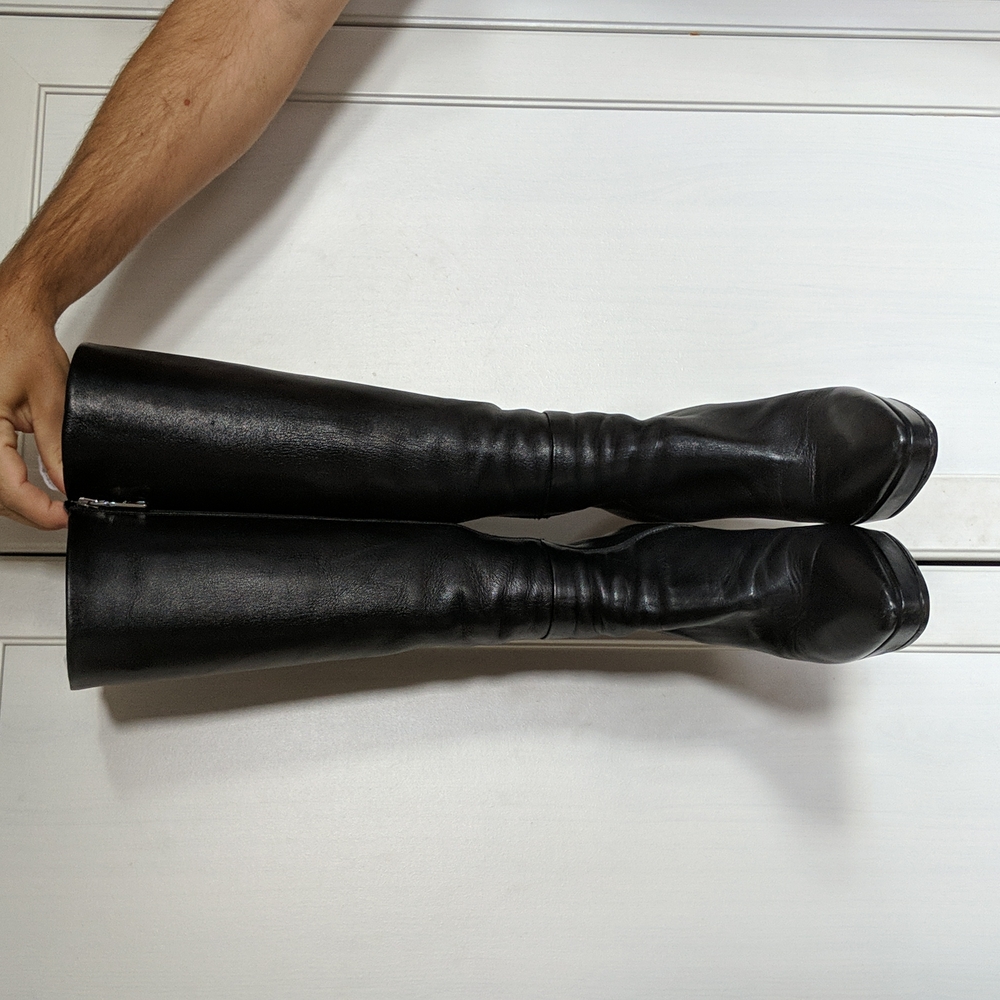 Prada Tall Knee High Black Leather High Heel Boots